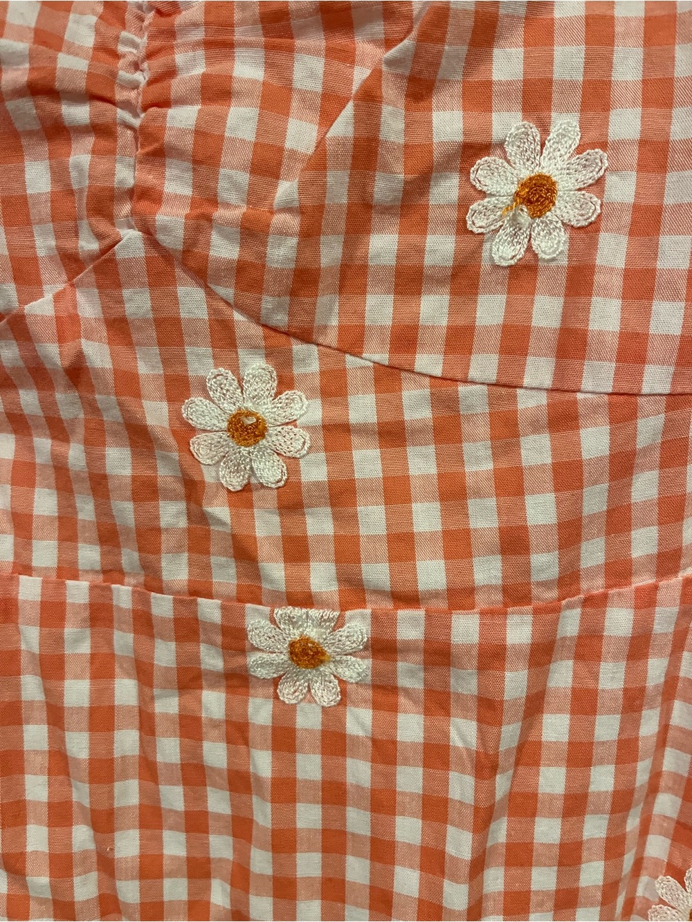 Altar'd State Coral Gingham Puff-Sleeve Mini Dress with Daisy Appliqués - Picture 6 of 9
